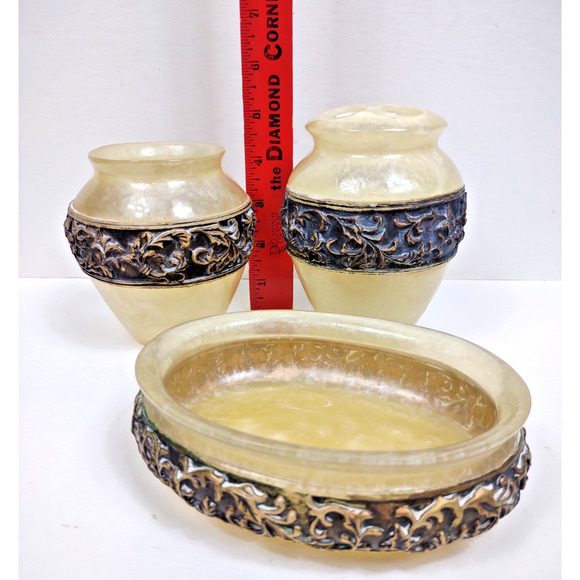 Vintage Wamsutta Adagio Bronze & Pearl Ivory Faux Marble Bathroom Set Soap Tooth - Picture 3 of 8